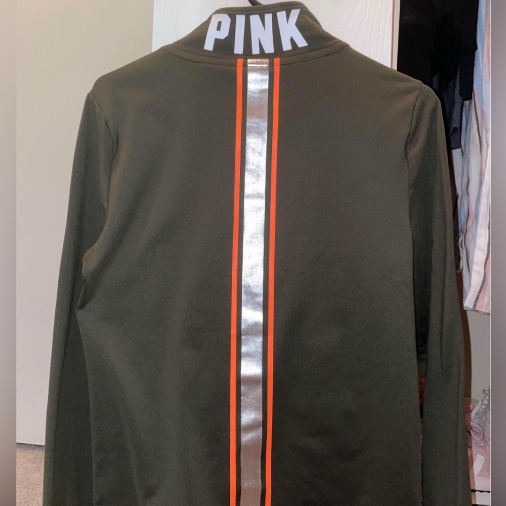 PINK Victoria's Secret Ultimate Olive Pullover with Orange Trim - Picture 2 of 5